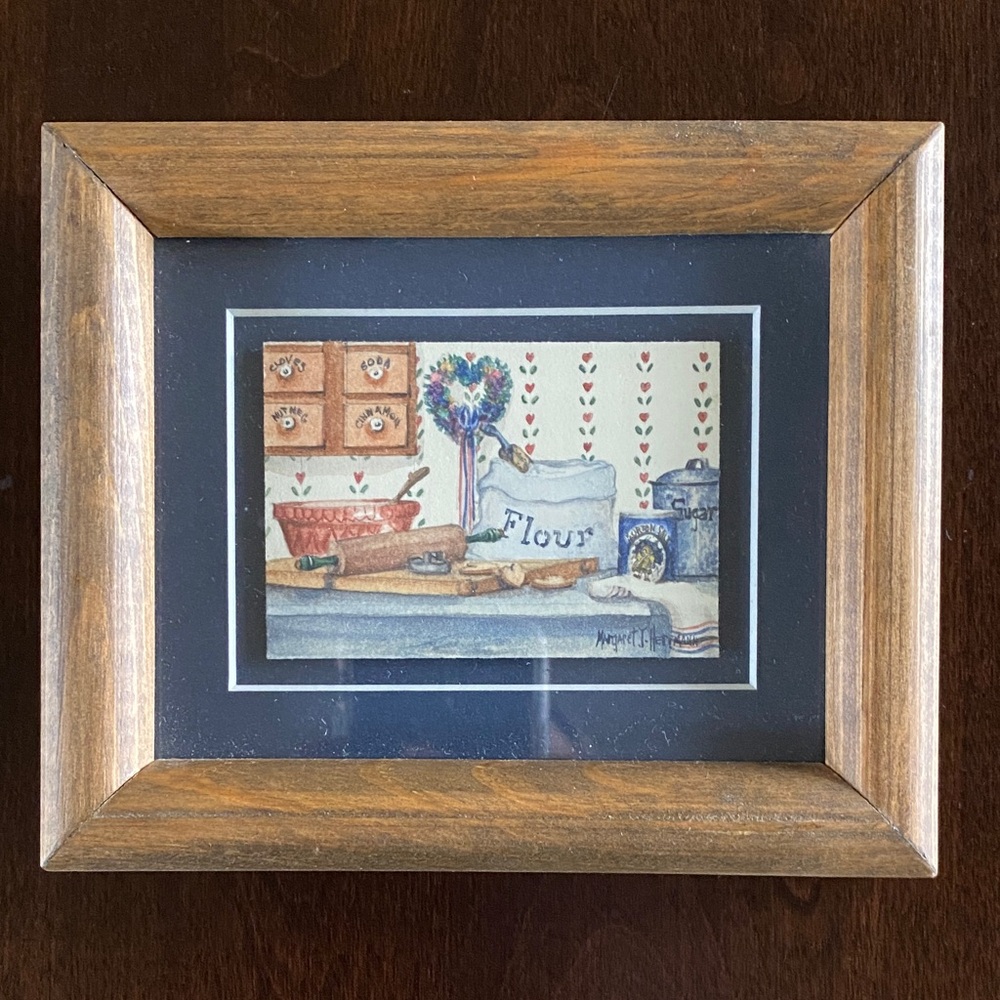 Wood Framed Watercolor Featuring a Kitchen and Baking Supplies